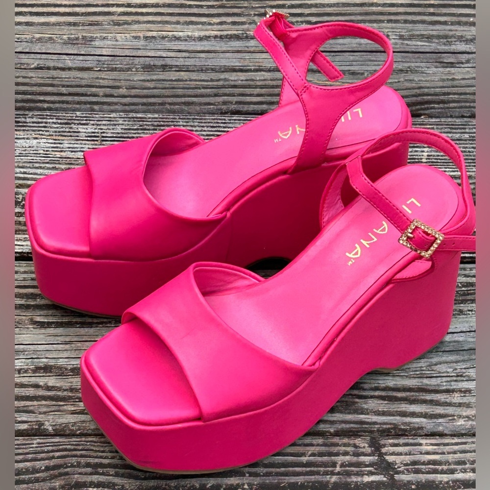 LILIANA Hot Pink Platform Wedge Sandals Square Toe Ankle Strap Women 7.5 - Picture 7 of 7